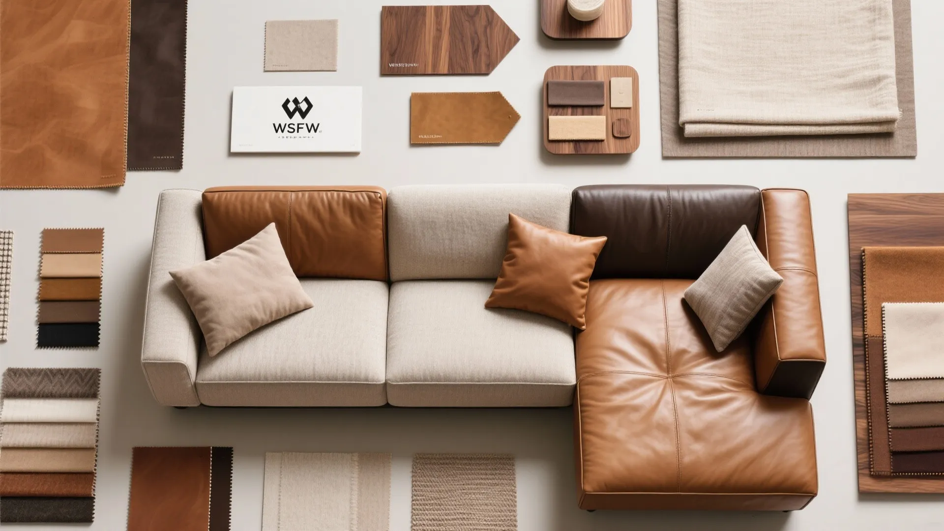 Interior design moodboard featuring a fabric and leather sofa surrounded by various material color swatches