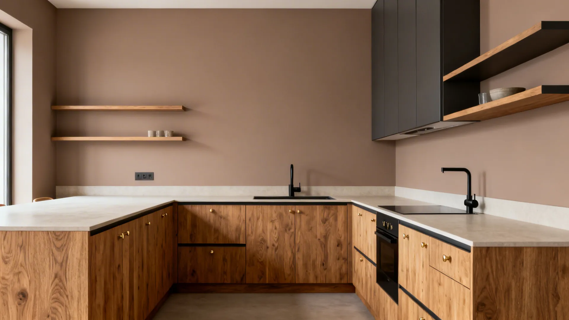 L-shaped kitchen pairing oak veneer base cabinets with matte mushroom wall units for balanced warmth.