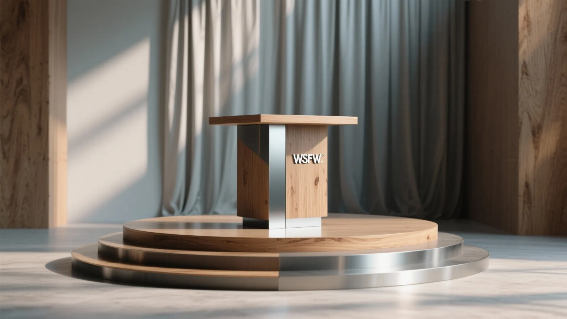Modern wooden podium with metal accents standing on a round tiered base with white curtains