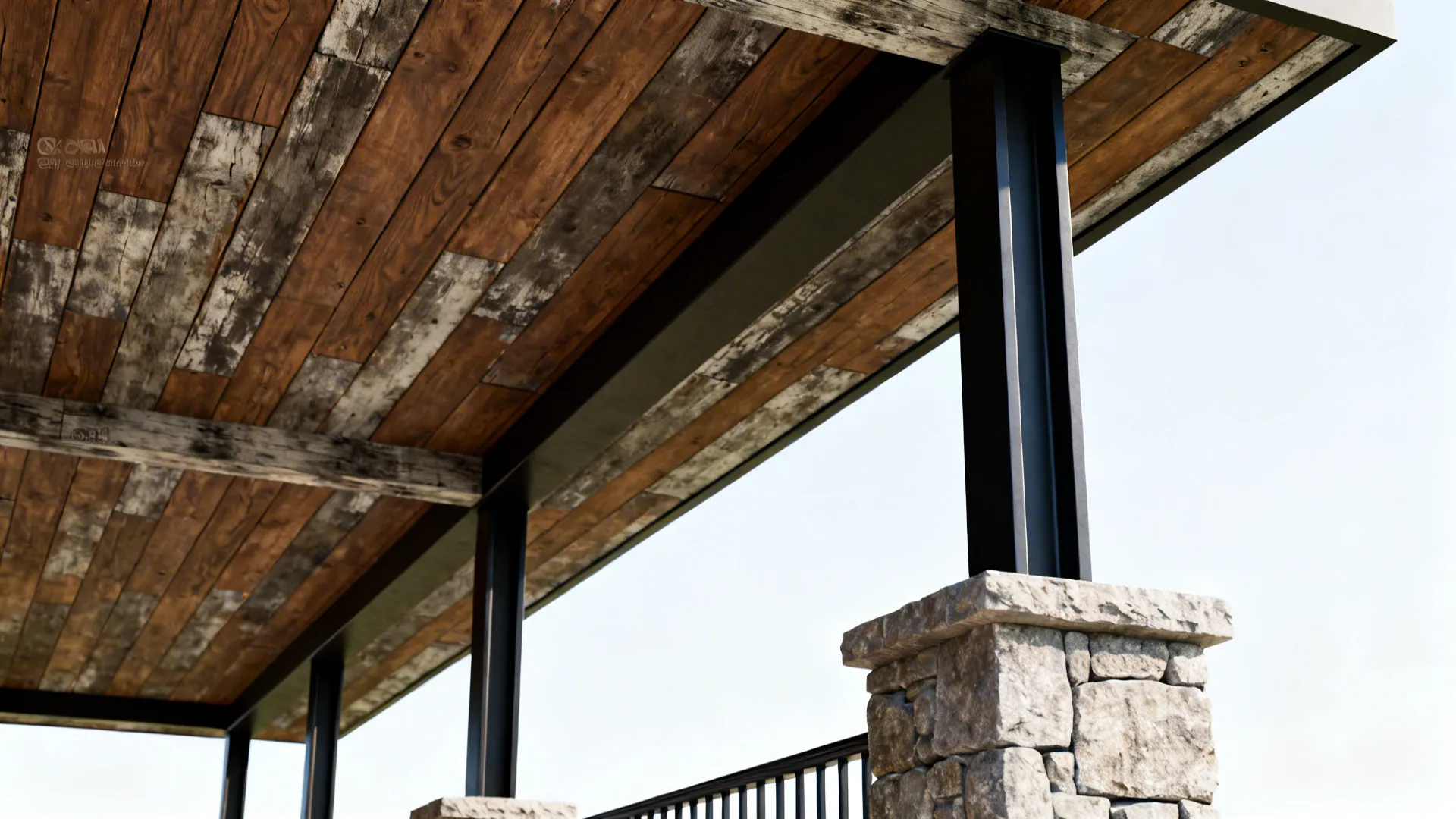 Reclaimed wood ceiling, stone pier base, and slim metal railing on a porch.