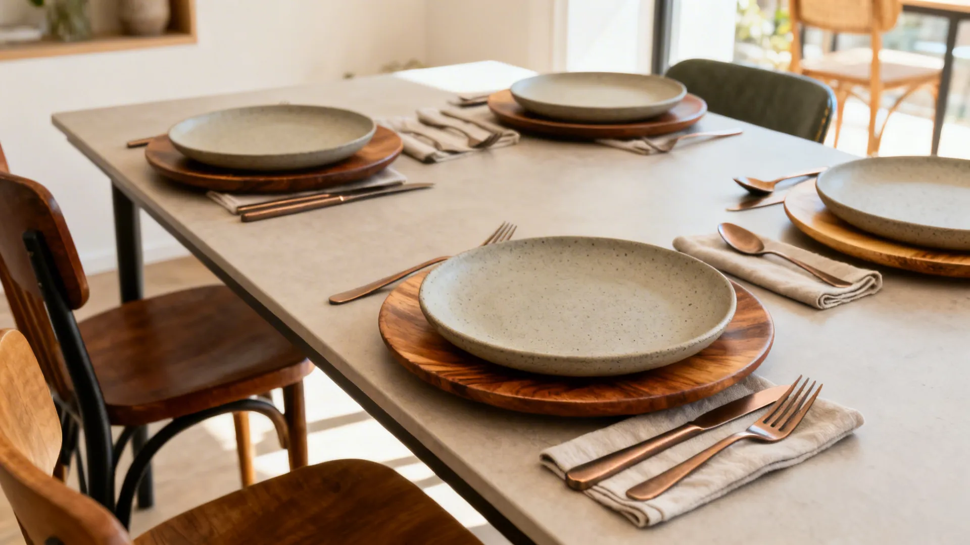 Mixed-material place settings with matte stoneware, wooden chargers and brushed metal flatware on a compact table.