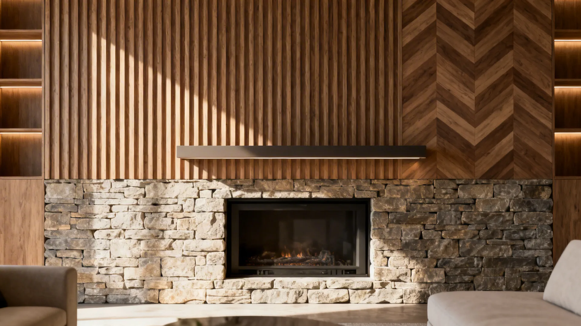 Fireplace wall with stone veneer base and chevron wood panels above with a floating mantel.