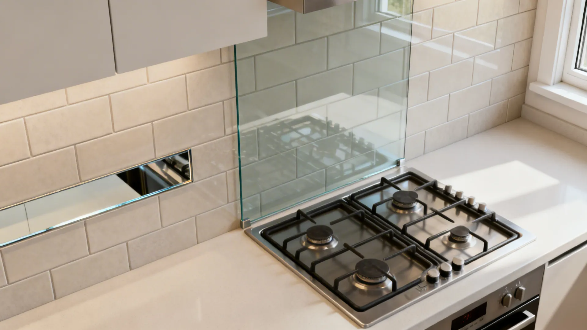 Top-down visualization of tile field with a glass panel at cooktop and a slim mirrored strip.