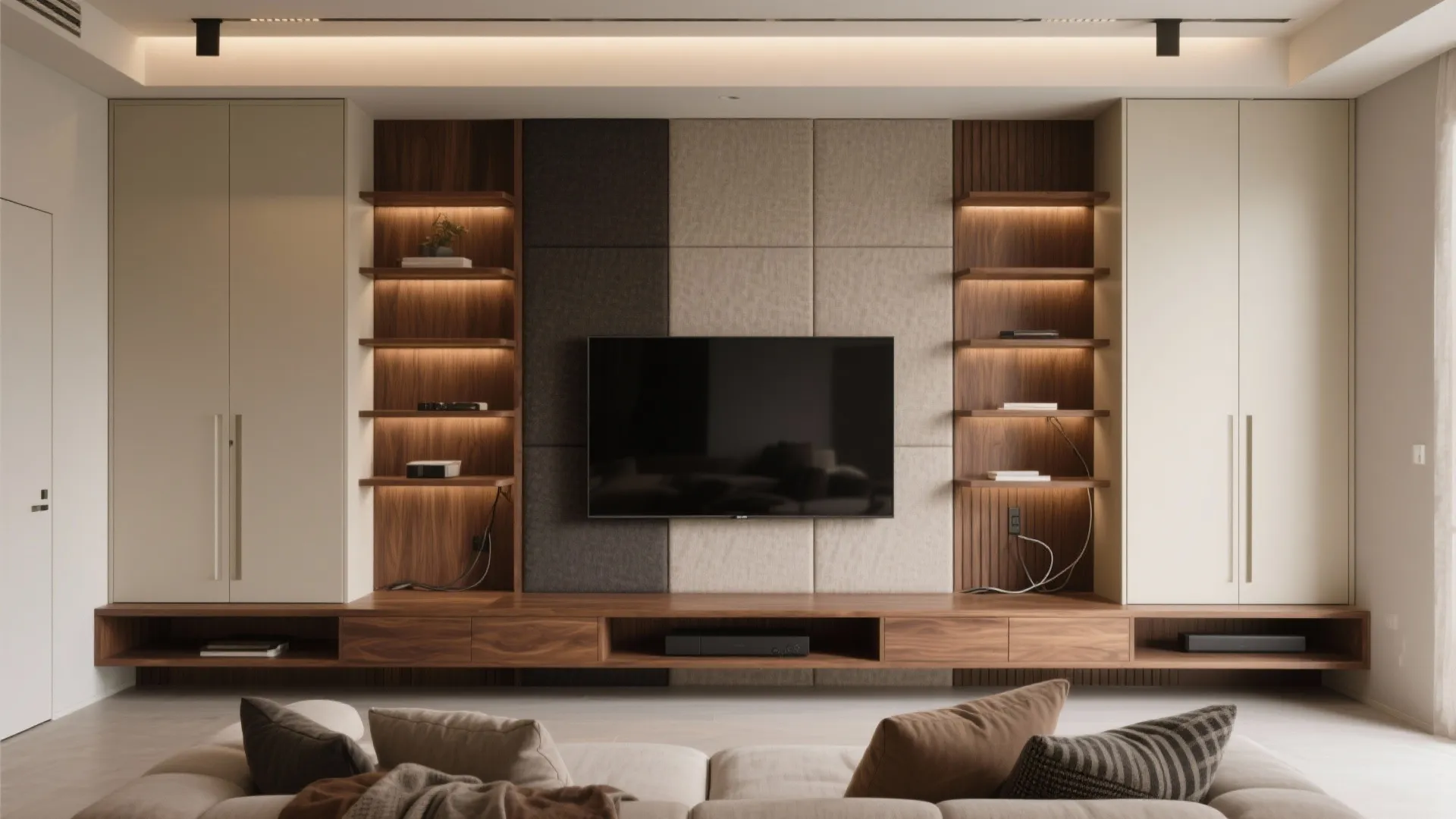 Mixed materials: warm wood, matte paint, and textured fabric panels