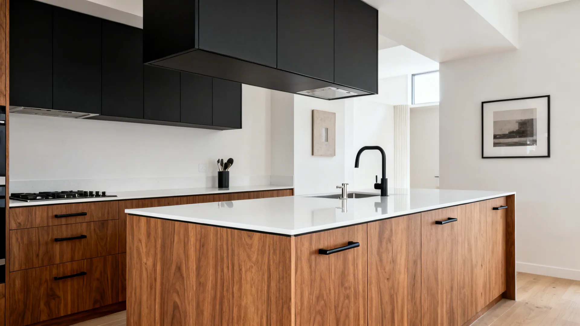 U-shaped kitchen with oak lowers, matte black uppers, and a slim white quartz countertop.