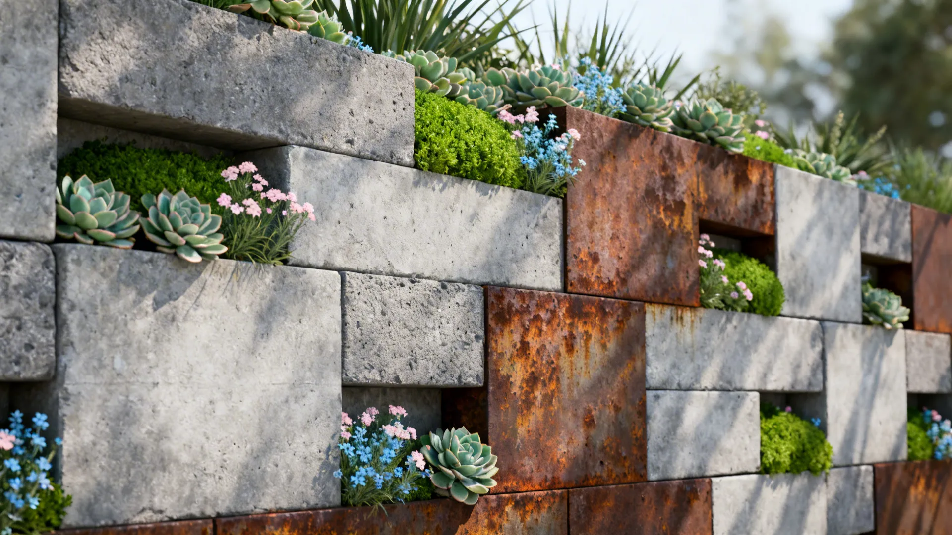 Garden wall made of concrete blocks and rusty metal panels decorated with succulents and small flowers