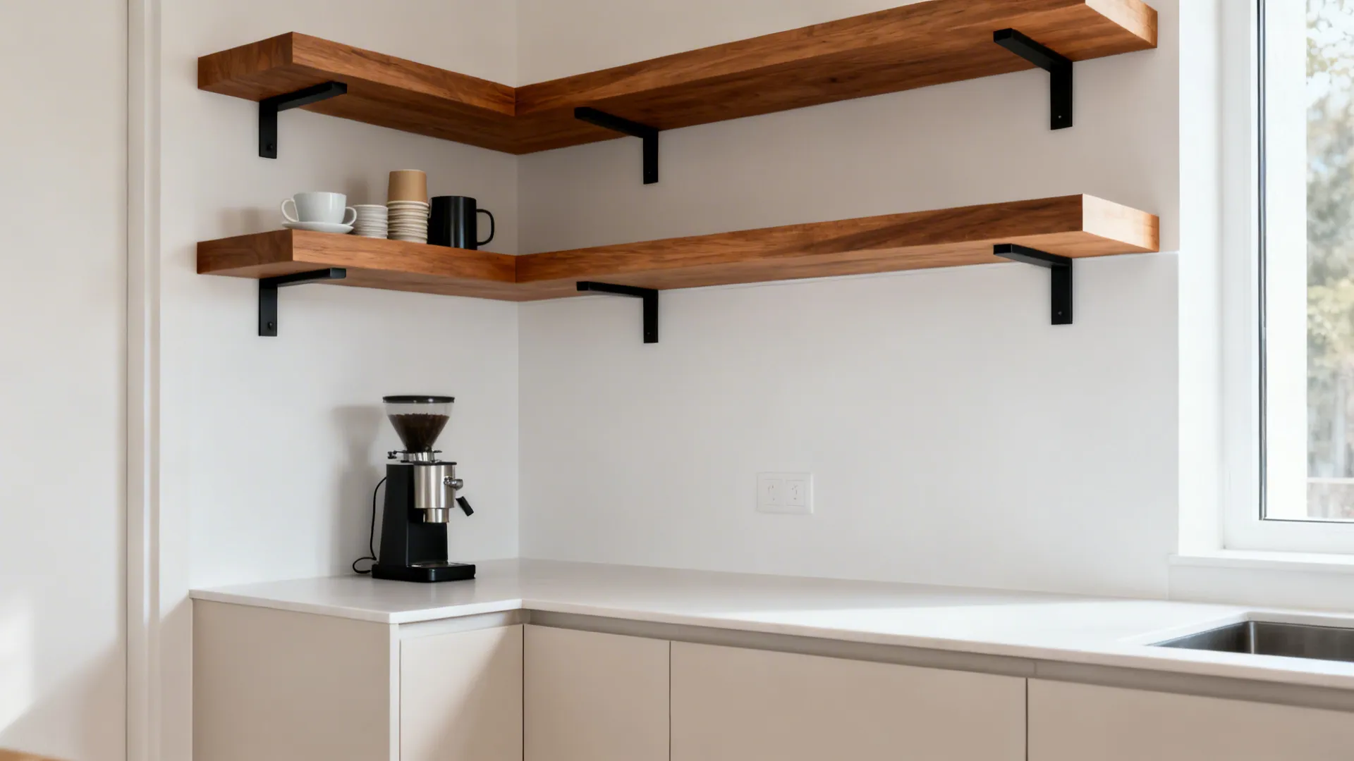 Compact L-shaped kitchen with oak shelves and slim black brackets above a light backsplash.