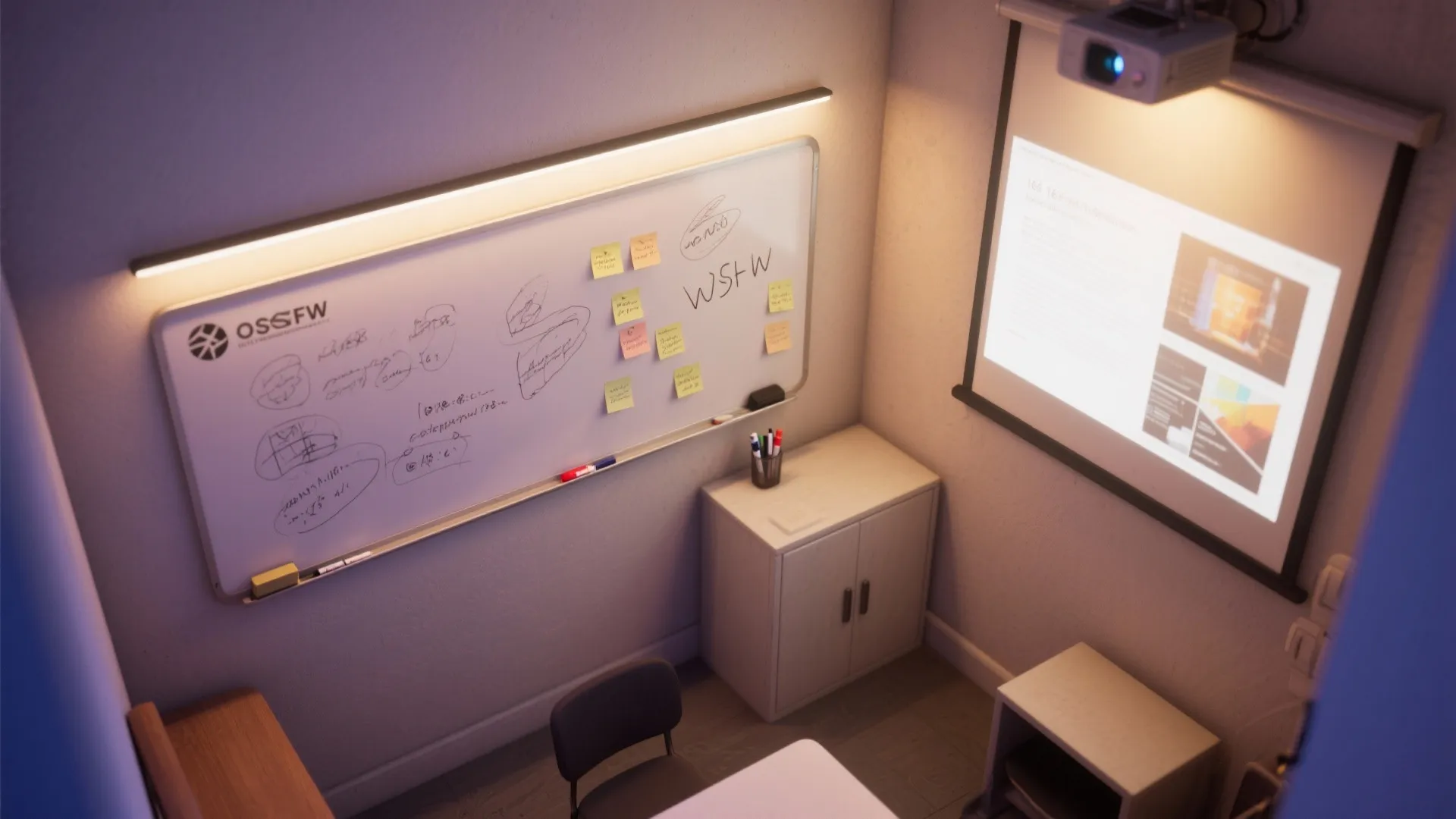 5. Mixed-media accent: whiteboard + projection area