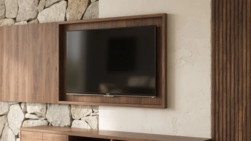 Modern TV Wall Design with Wood and Stone Accents