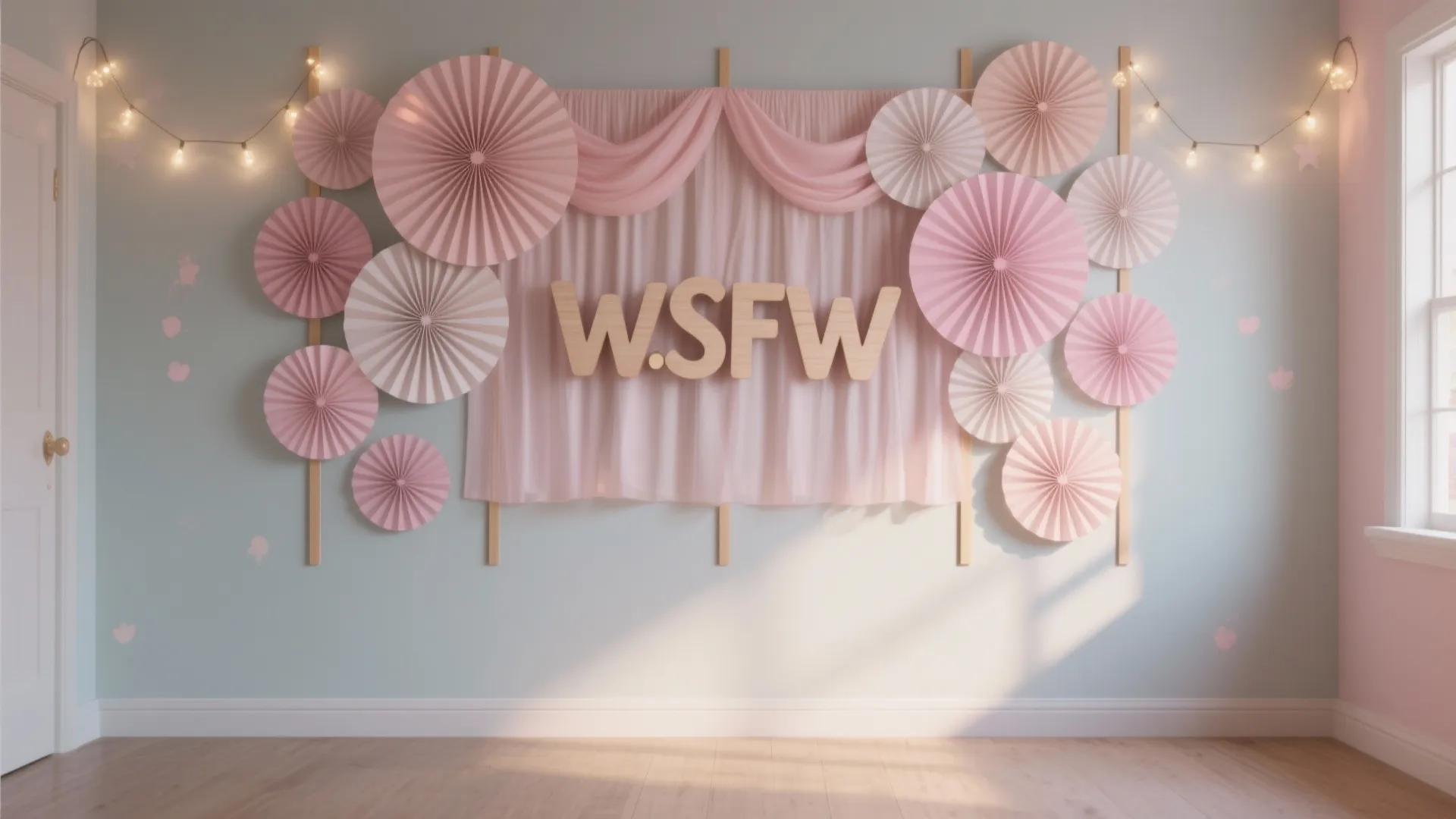 Backdrop Wall: Mixed Media (Paper Fans + Fabric Drape + Name Sign)