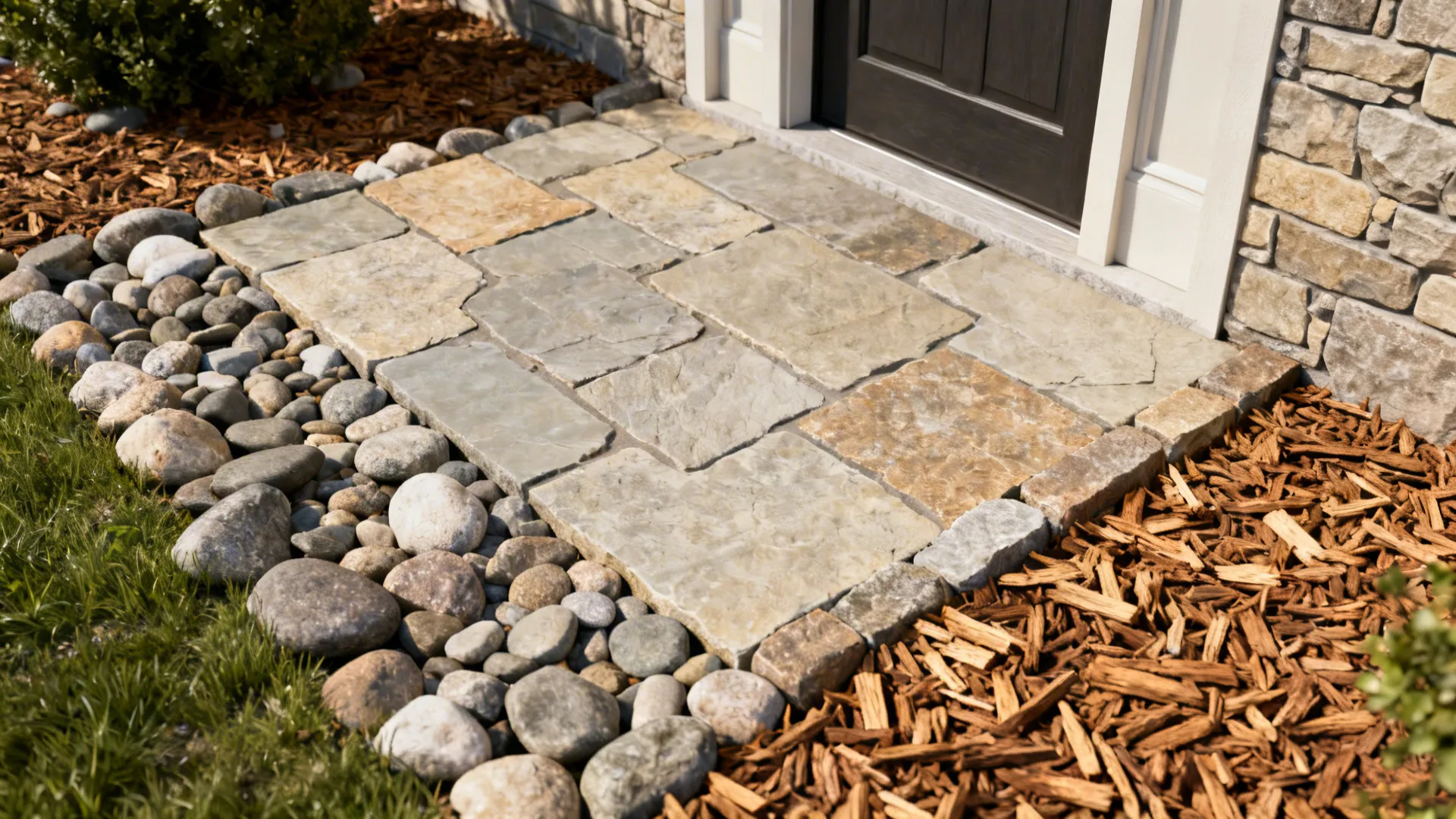 Modern outdoor entrance with large flat stones surrounded by grey pebbles and brown wood chips