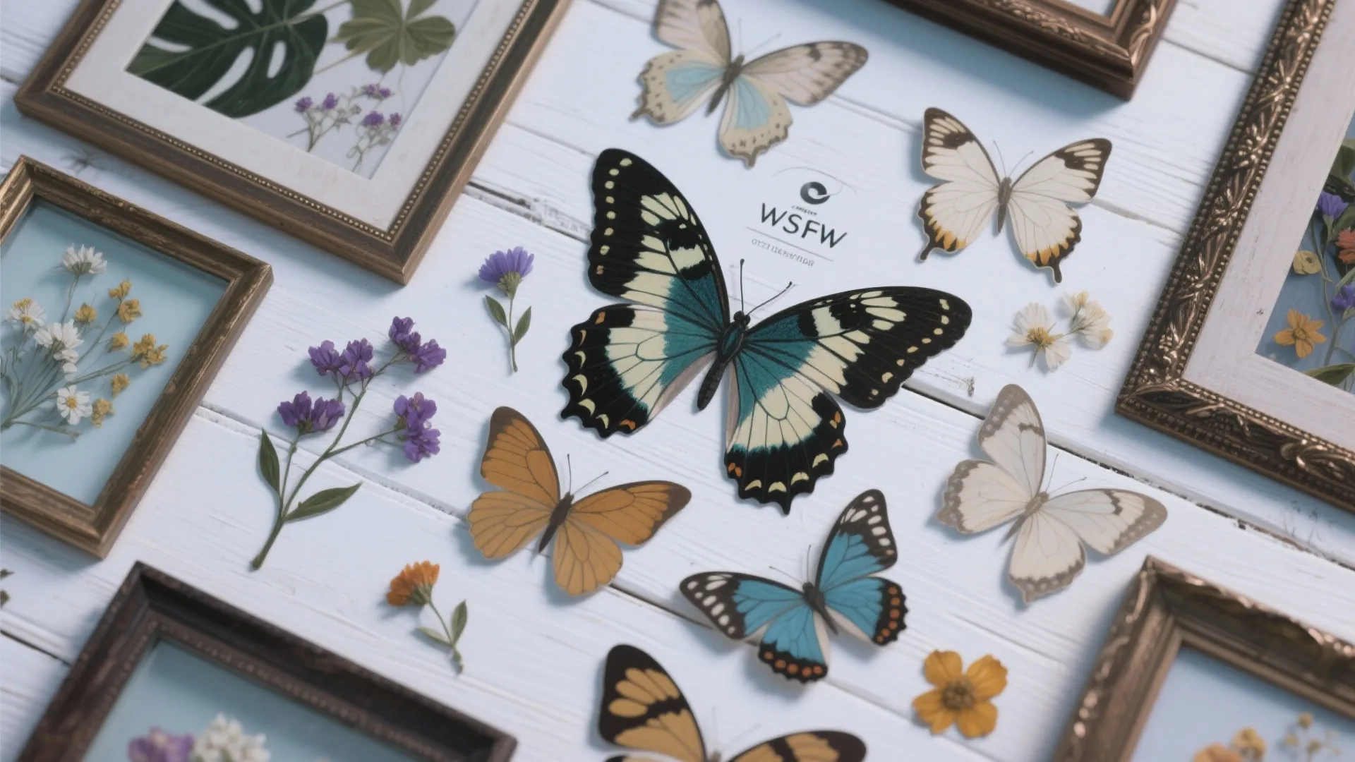 Various colorful butterfly wall art pieces and small flower frames on a white wood background