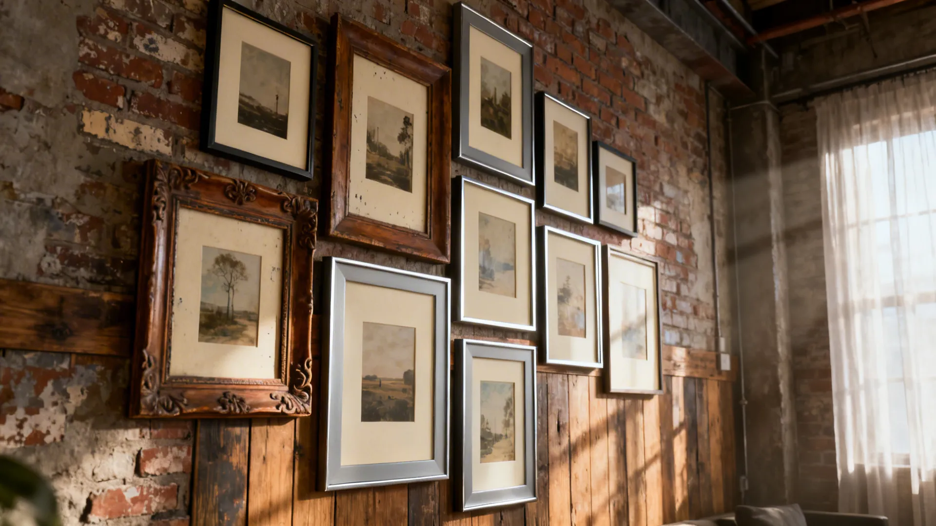 Mixed-media gallery wall with coordinated neutral mats unifying diverse frames.