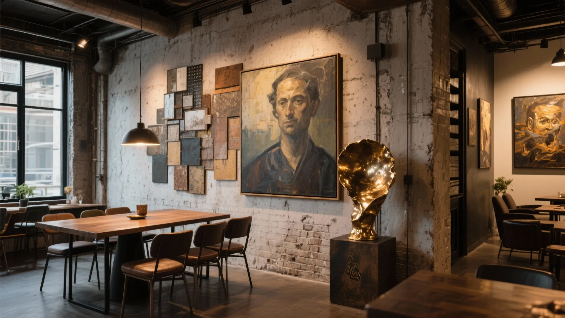 Industrial dining room with brick wall large portrait painting wooden table brown chairs and ceiling light