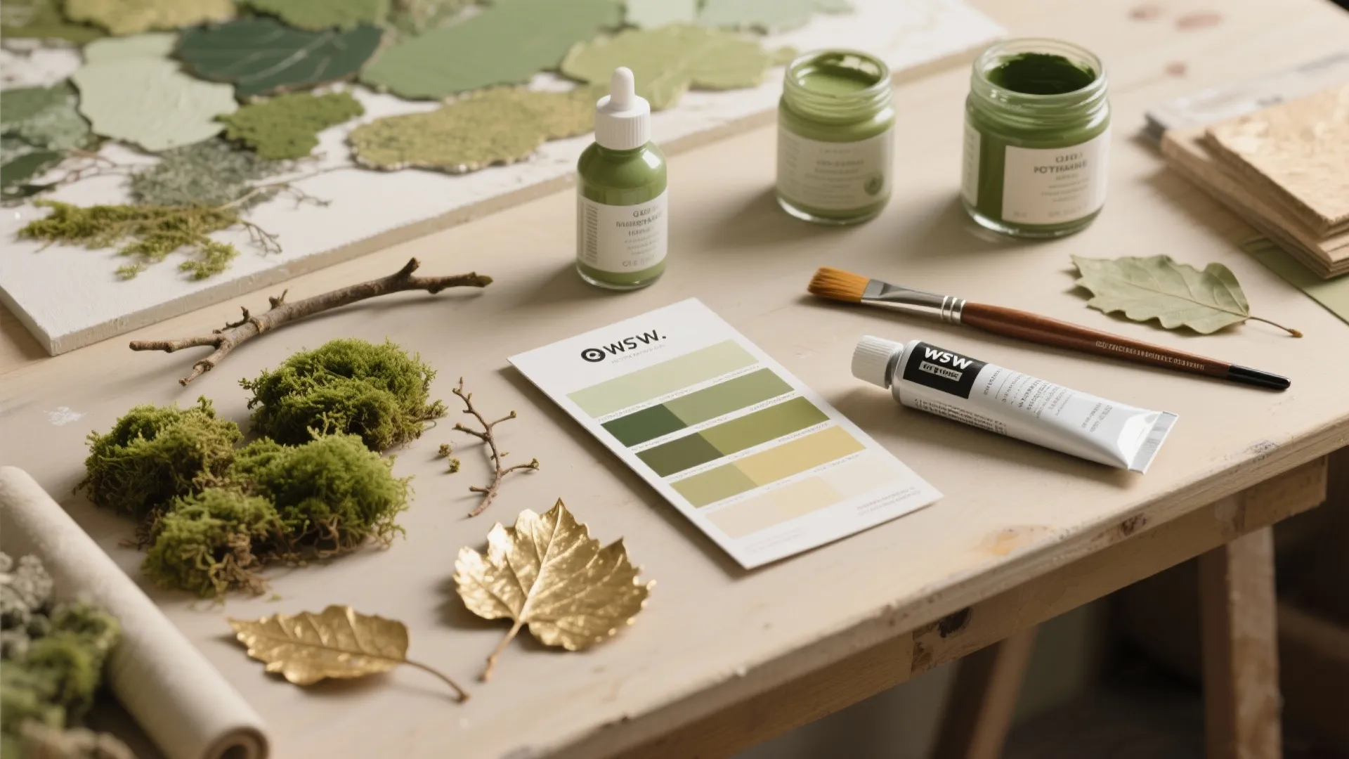 4. Textured Paint and Mixed Media: Add moss, twigs, and gold leaf accents