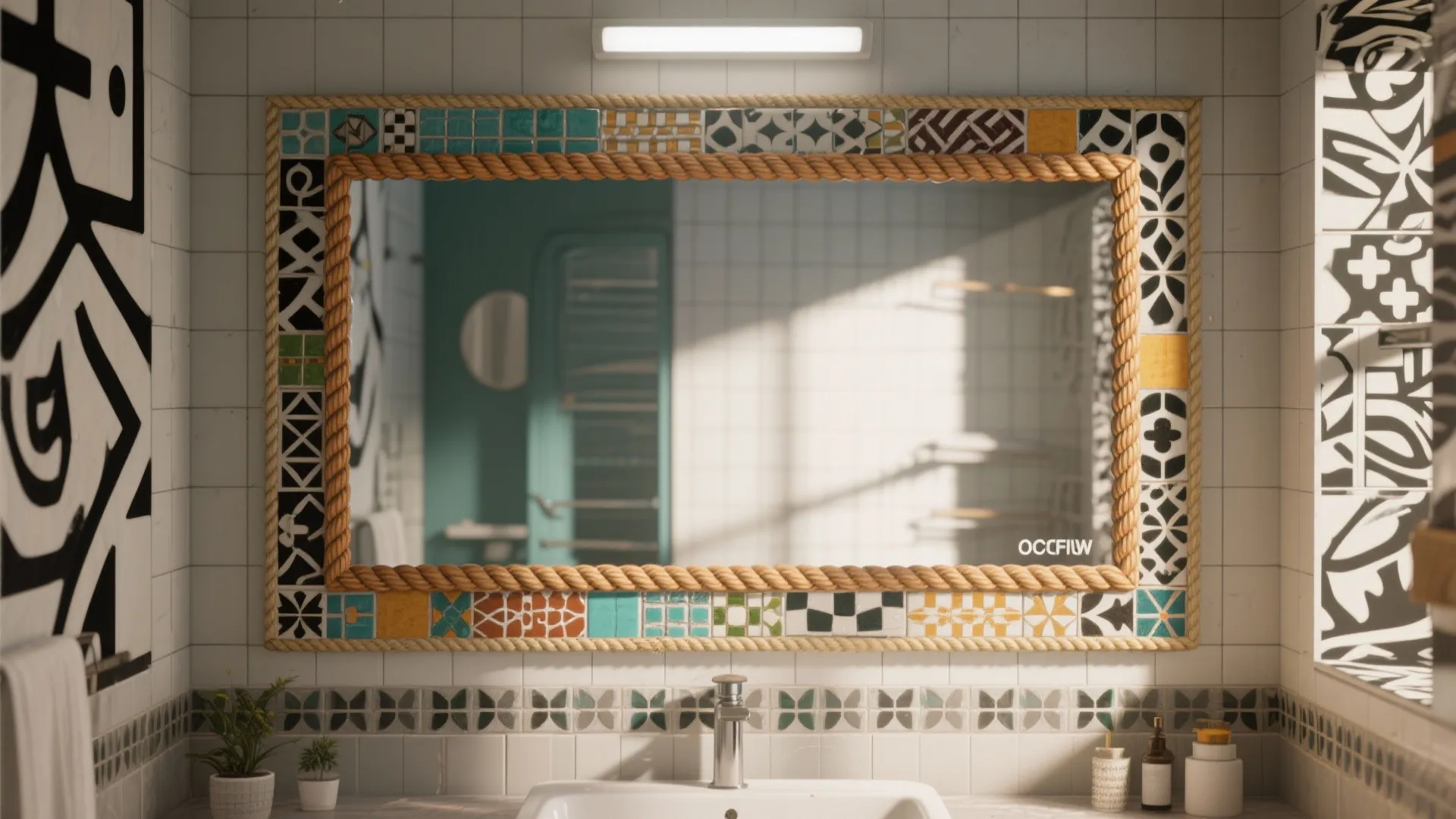 Bathroom with a mixed-media mirror frame featuring stencils, mosaic tiles, and rope trim reflecting bright ambient light.