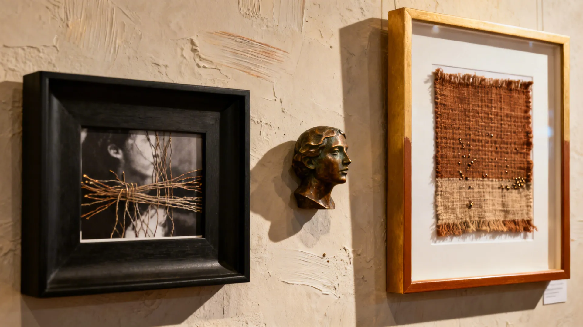 Close-up of a mixed-media gallery wall with framed photo, textile and small sculptural piece unified by color