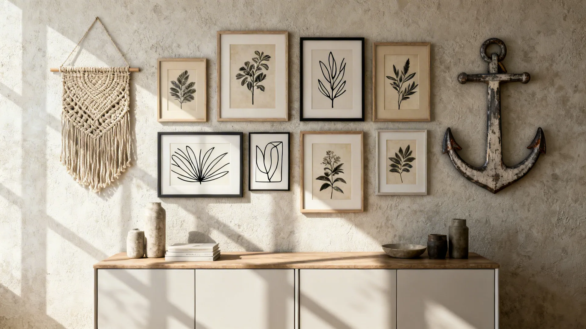 Mixed-media gallery with botanical prints, line art and a woven hanging above a sideboard