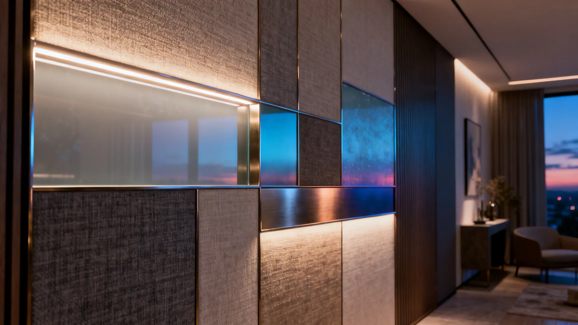 Modern wall panel design with warm light fixture strip and blue glass inserts in living room