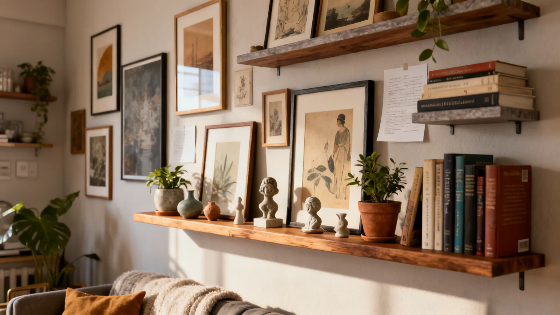 Floating picture ledges layered with framed art, small sculptures and plants in a compact living room.