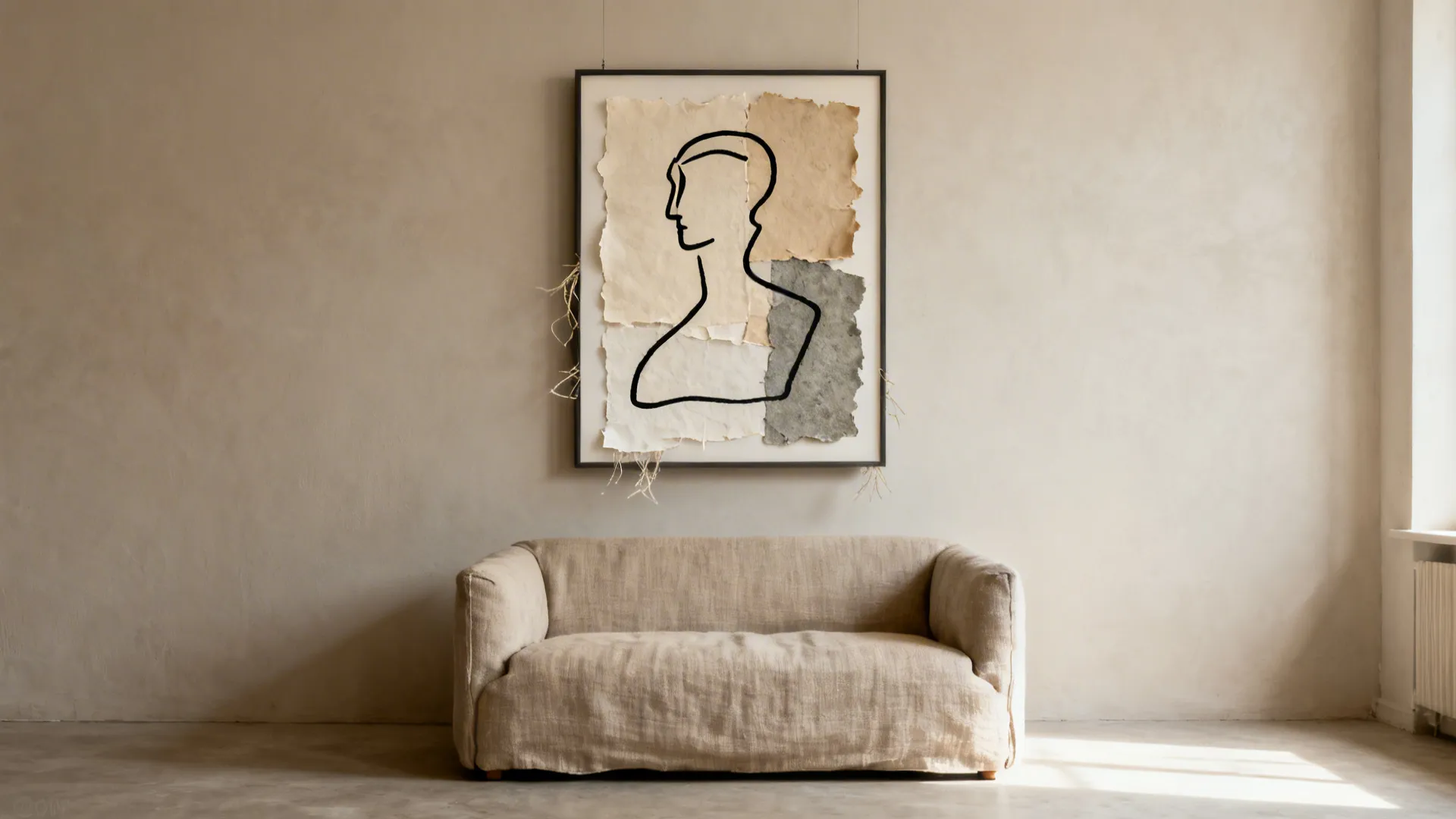 Mixed-media line art with torn neutral papers above a compact sofa.