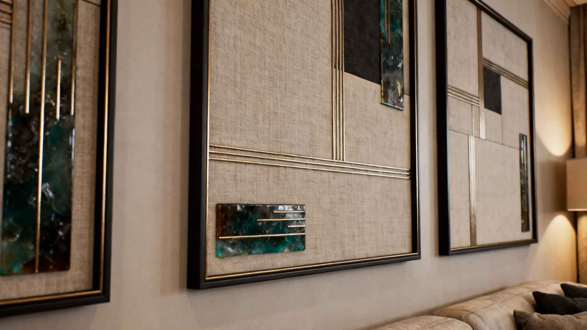 Framed mixed-media art panels combining fabric, metal inlays and resin on a wall.