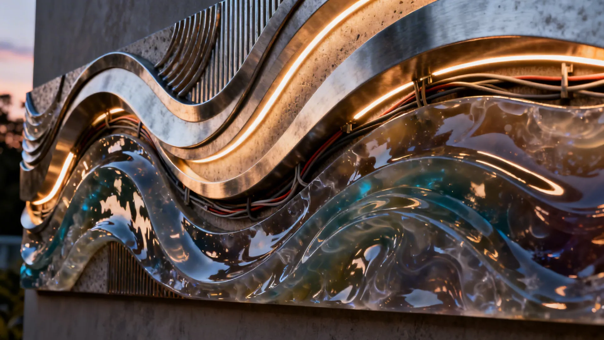 Mixed-media sculptural panel with resin waves, metal accents and warm LED backlighting creating a glowing focal piece.