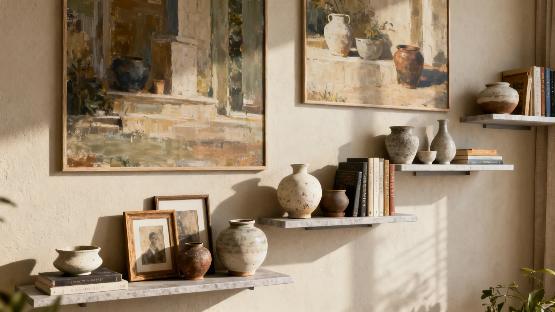 4. Mixed Media Wall (Shelves + Art)