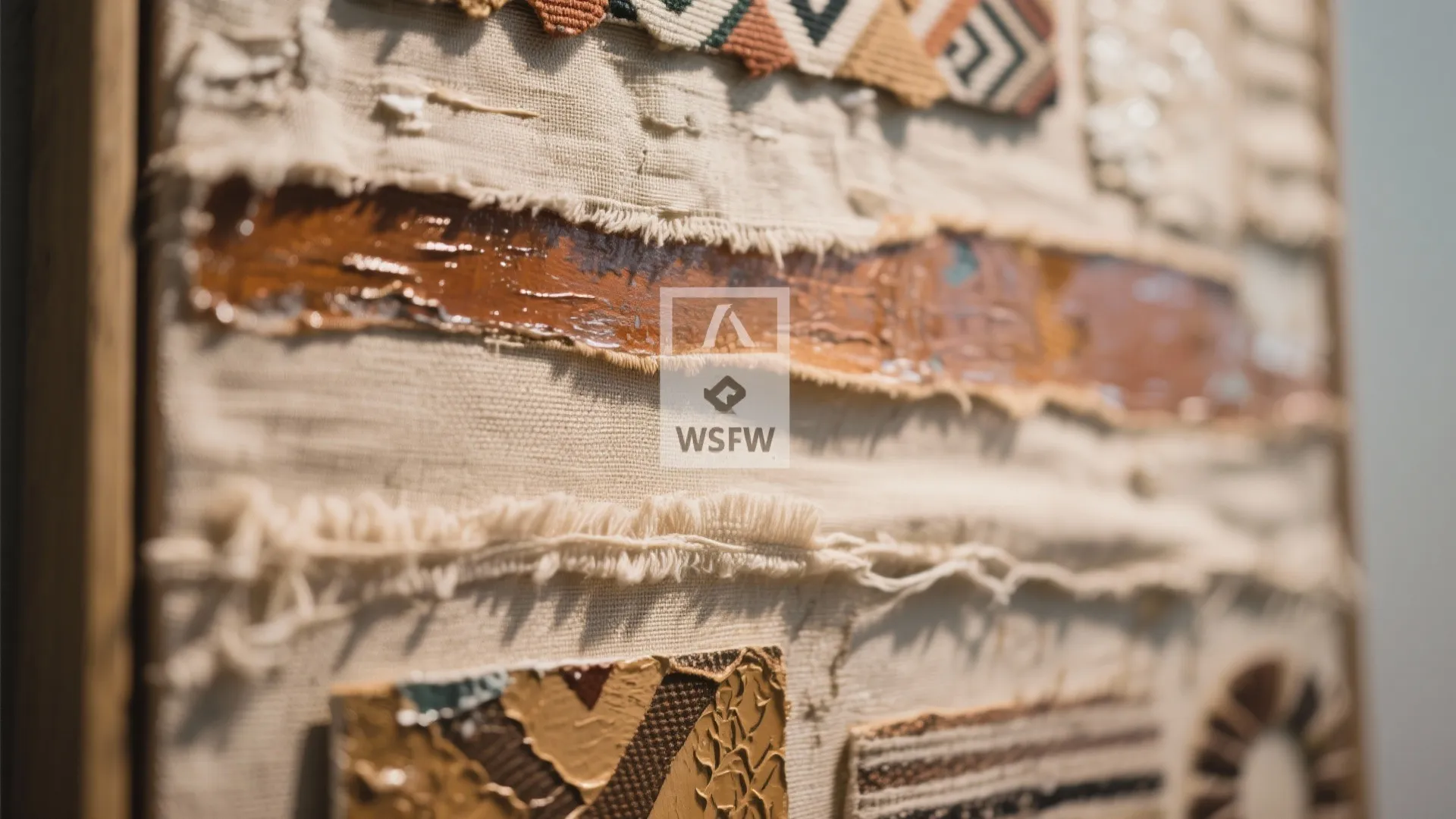 Macro detail of a textured mixed-media canvas with layered fabric and paint