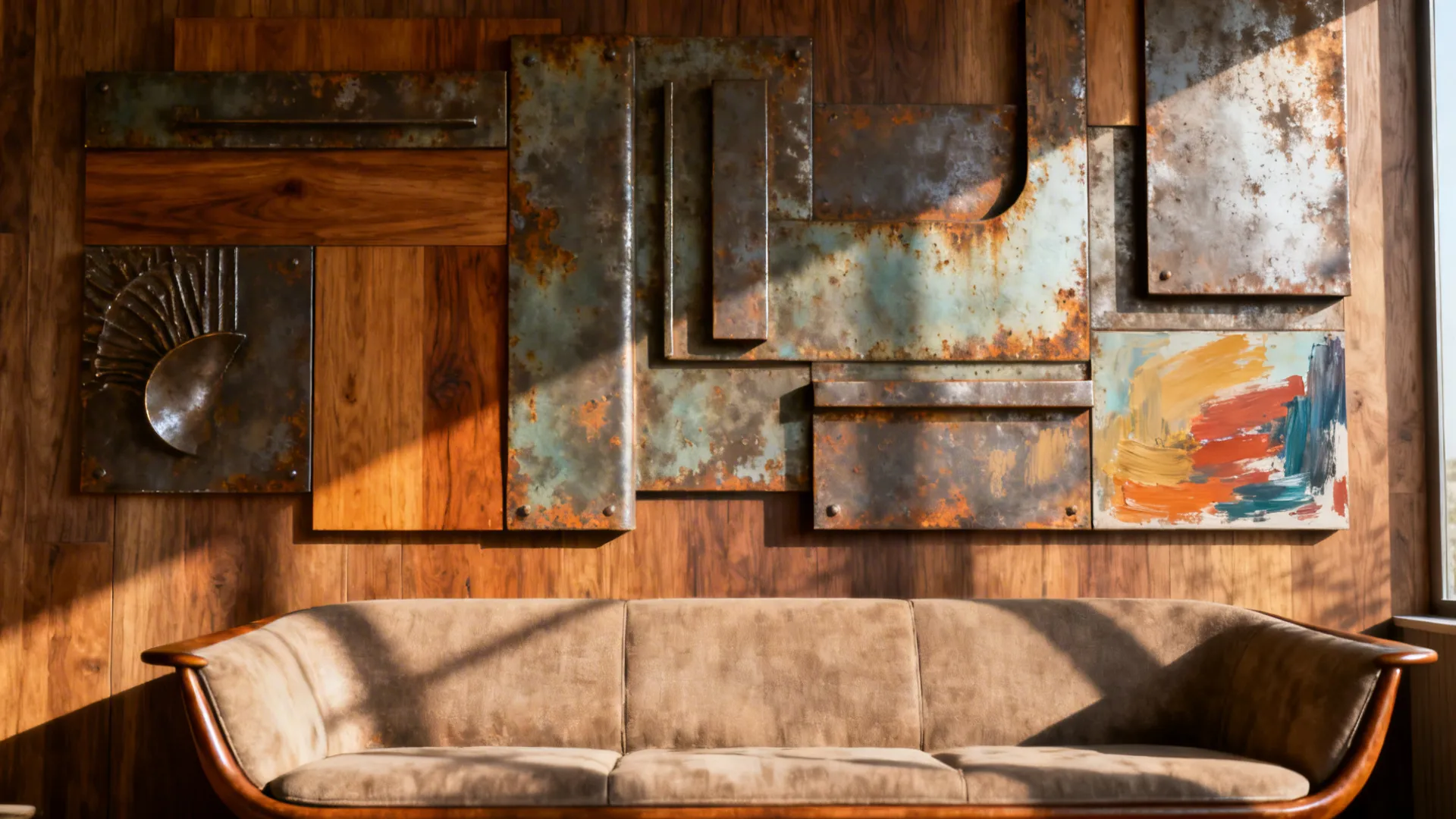Mixed-media installation with oxidized metal and wood panels above a sofa, showing texture and depth.