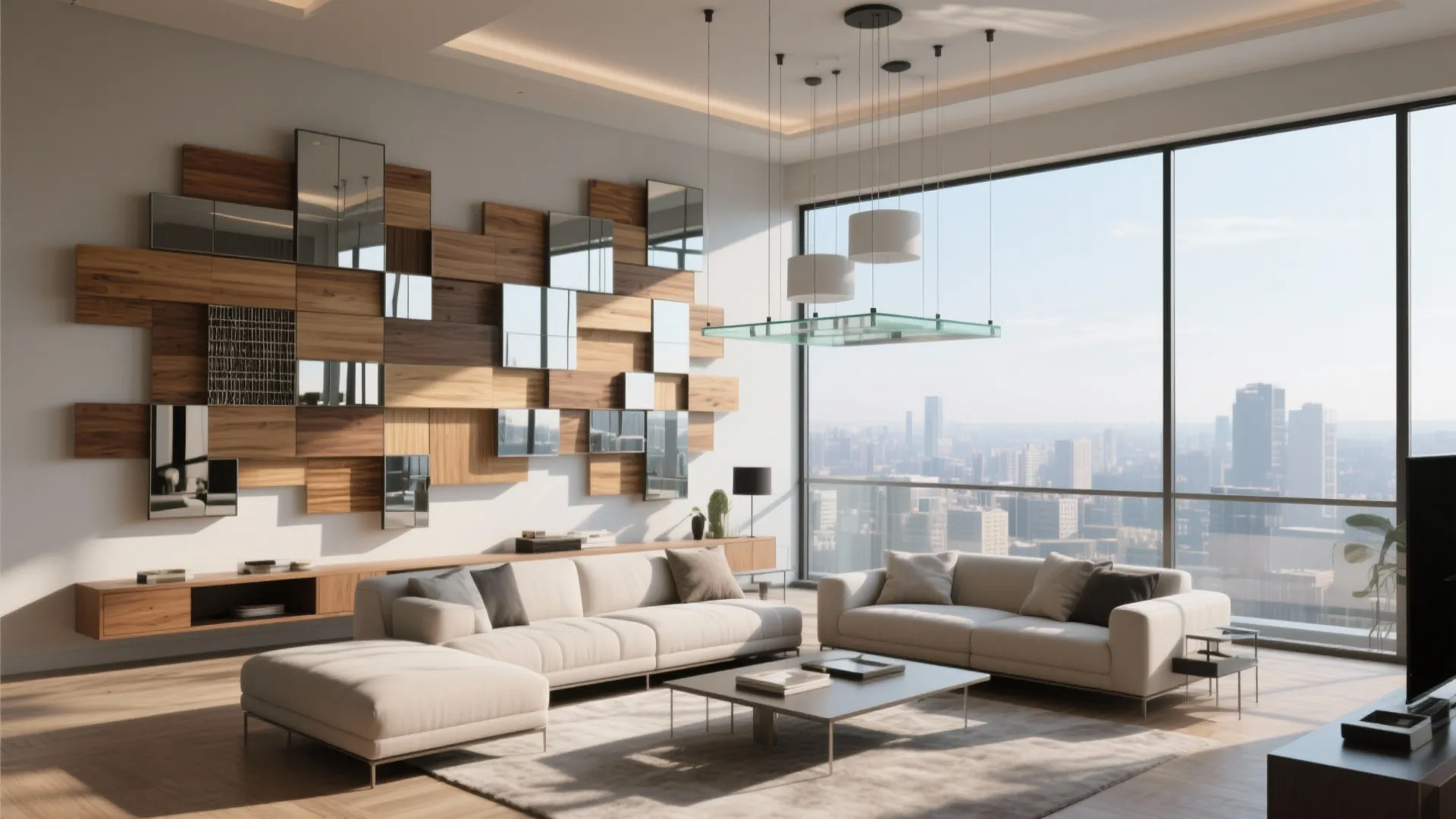 Large mixed-media wall installation in a modern penthouse