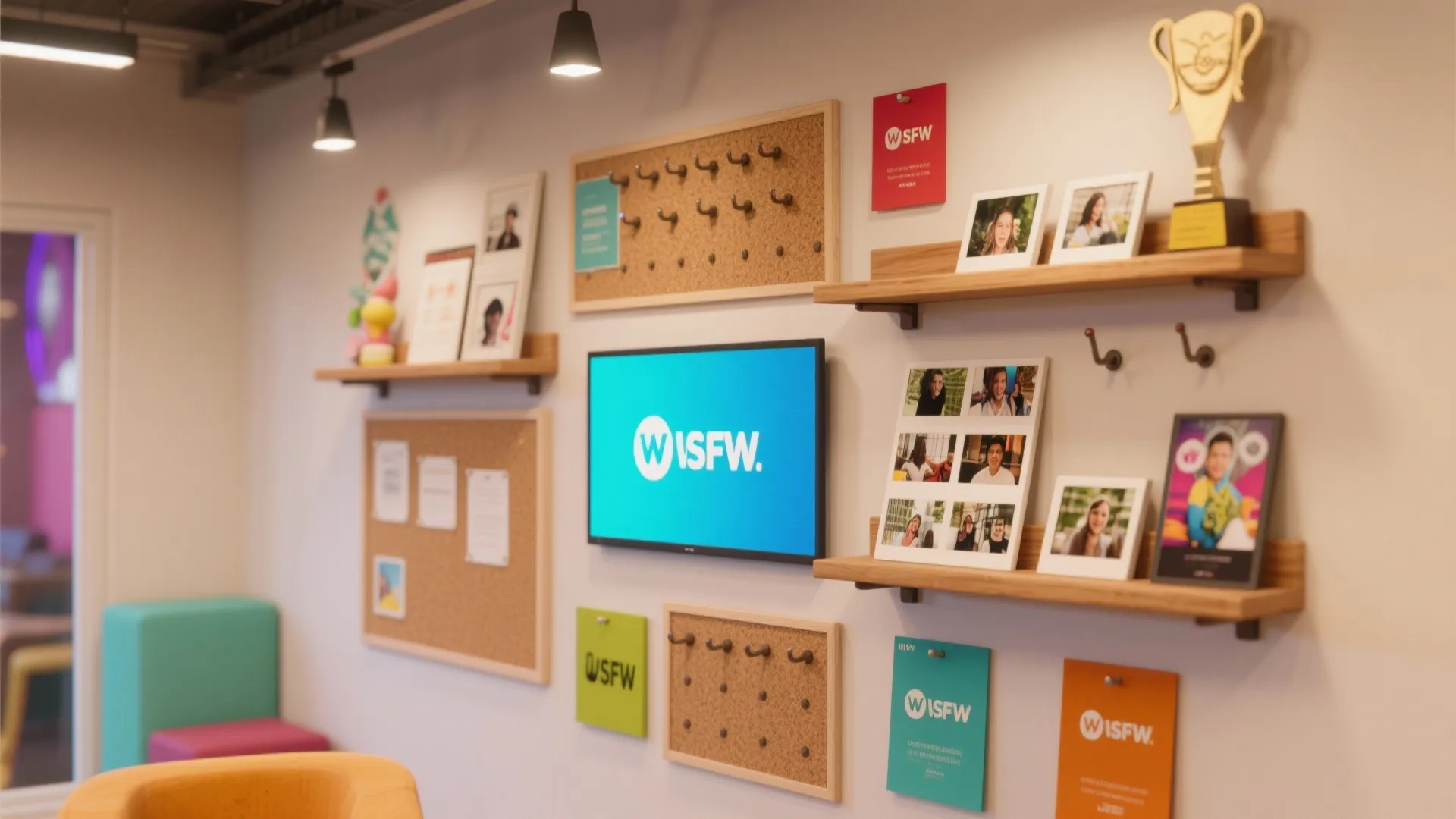 Creative wall design with cork boards, digital screen, wooden shelves, photos, trophy, and colorful posters