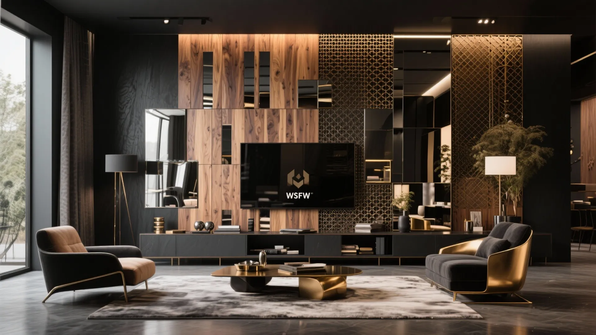 Luxury dark living room featuring wood wall panel gold accents television black cabinet and armchairs