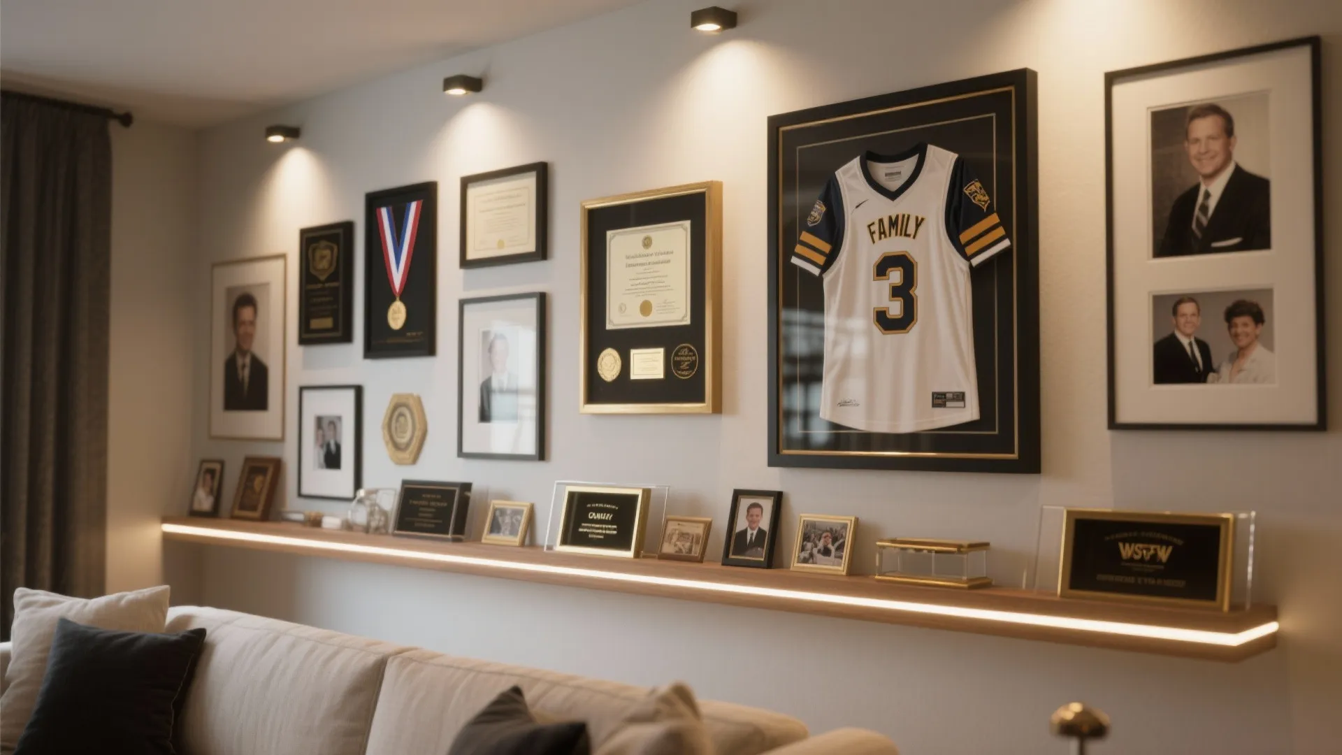 Living room wall display with framed photos certificates a sports jersey and a lighted wooden shelf