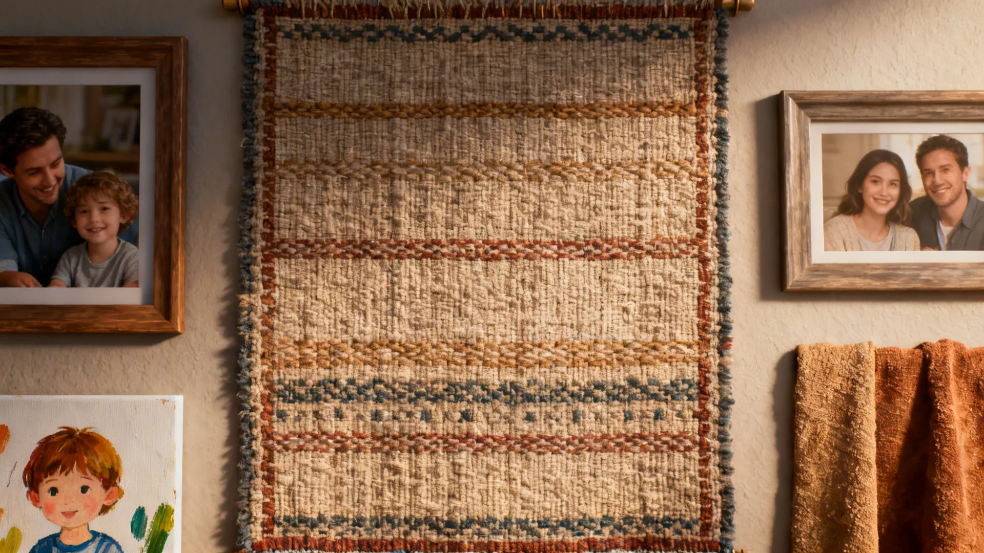 Textural mixed-media wall with a woven tapestry and framed family photos for a cozy look.