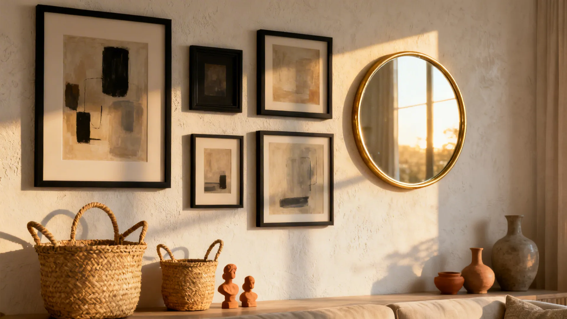 Gallery wall mixing framed art, a round mirror, and woven baskets to add texture in a small living room.