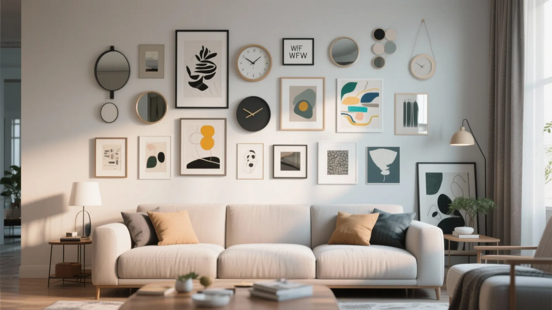 Living room gallery wall with various framed art prints and clocks above a white sofa