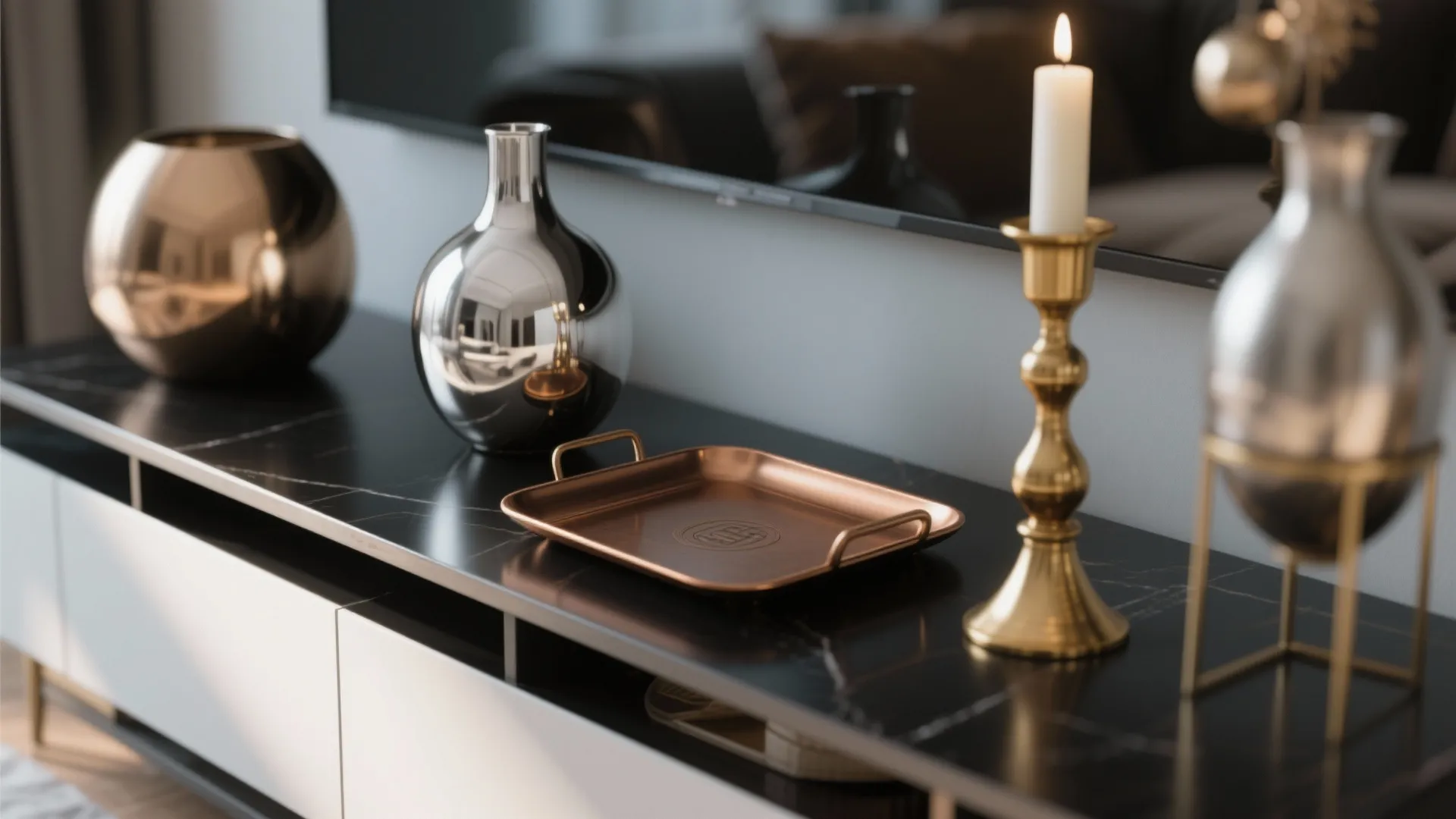 Close-up of silver, bronze, and gold decorative accents