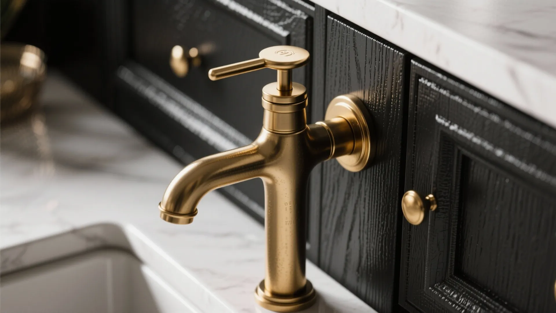 Close up of a gold water tap mounted on black cabinets with marble kitchen countertop