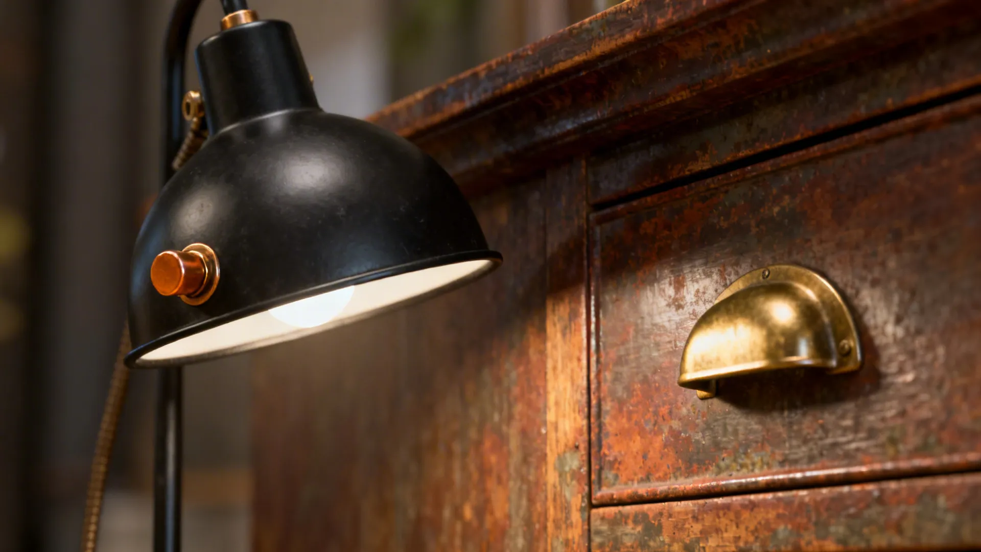 Mixed-metal accents with matte black lamp and warm brass hardware in farmhouse setting