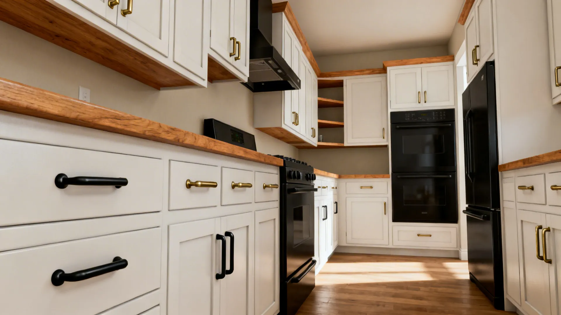 Mixed matte black and brushed brass bar pulls aligned across cabinets.