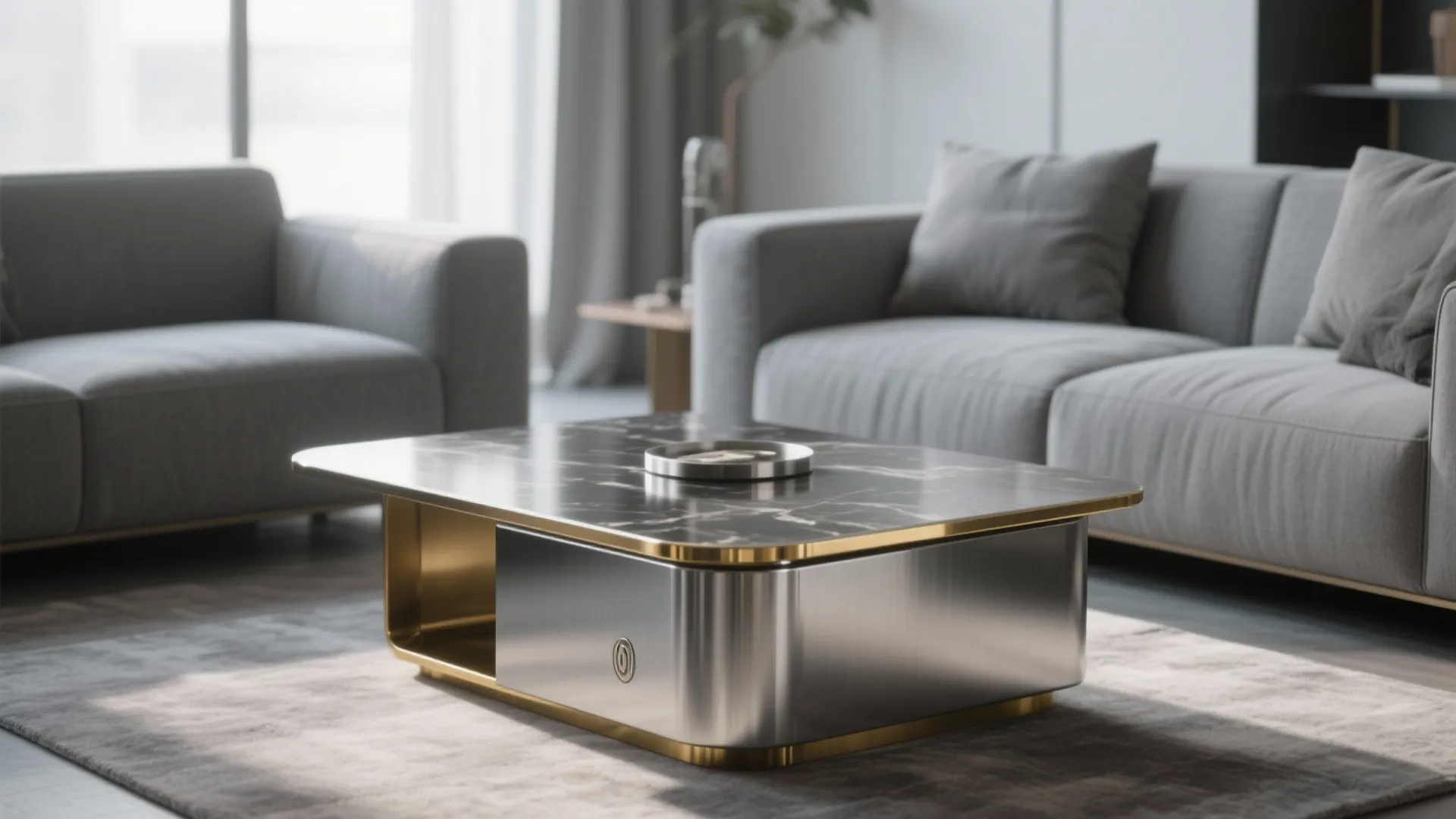 Coffee table with brushed steel and gold trim in a grey living room