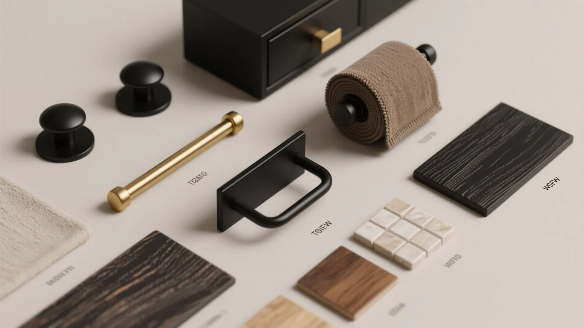 Interior design material samples including wood tiles fabric and metal door handles on a flat surface