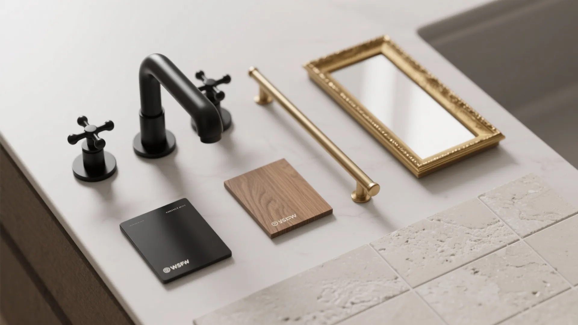 Flat lay of bathroom materials with black faucet gold frame wood sample and stone wall tile