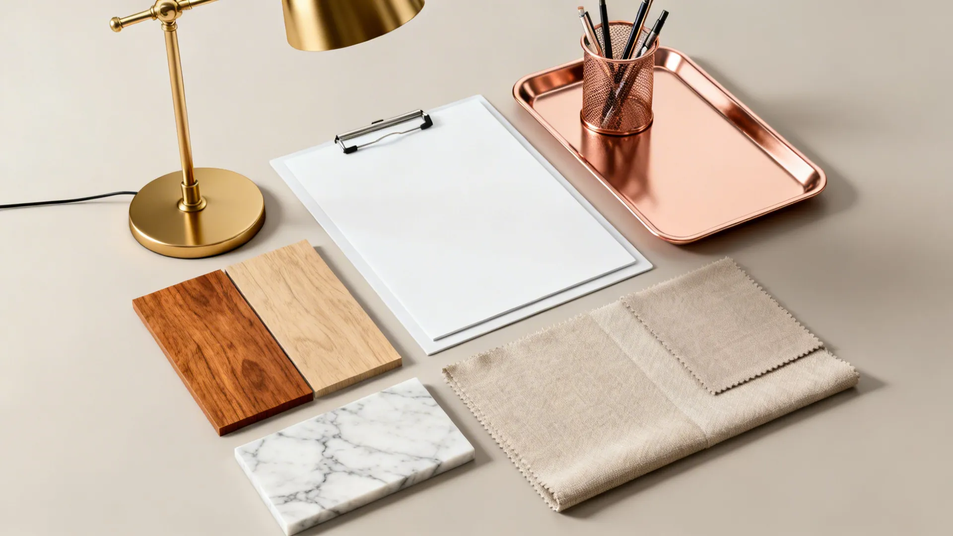 Flatlay showing gold and rose gold accessories with neutral and wood samples for mixed-metal styling