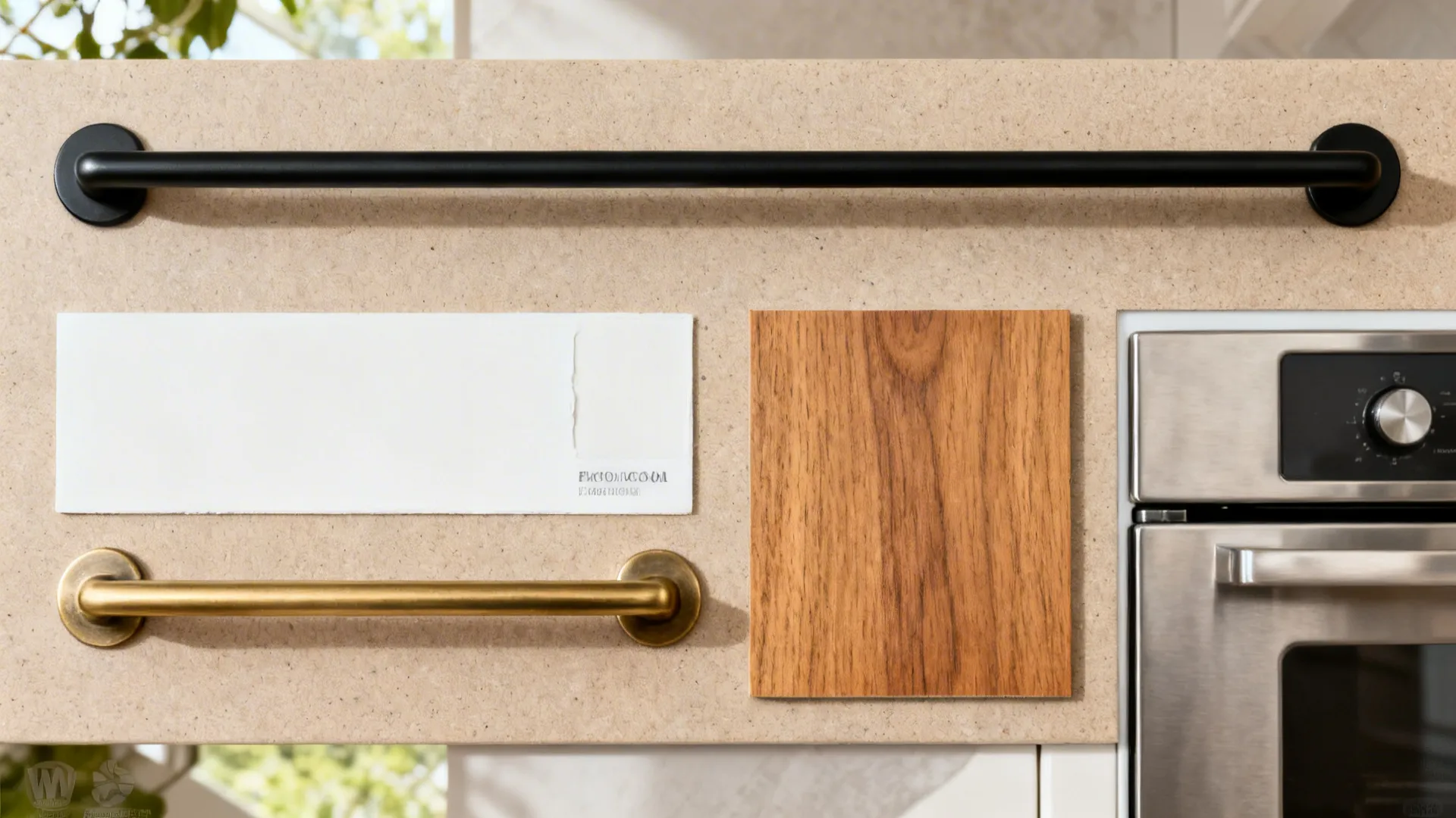 Top-down material board with black and brass pulls, oak, and paint chips.