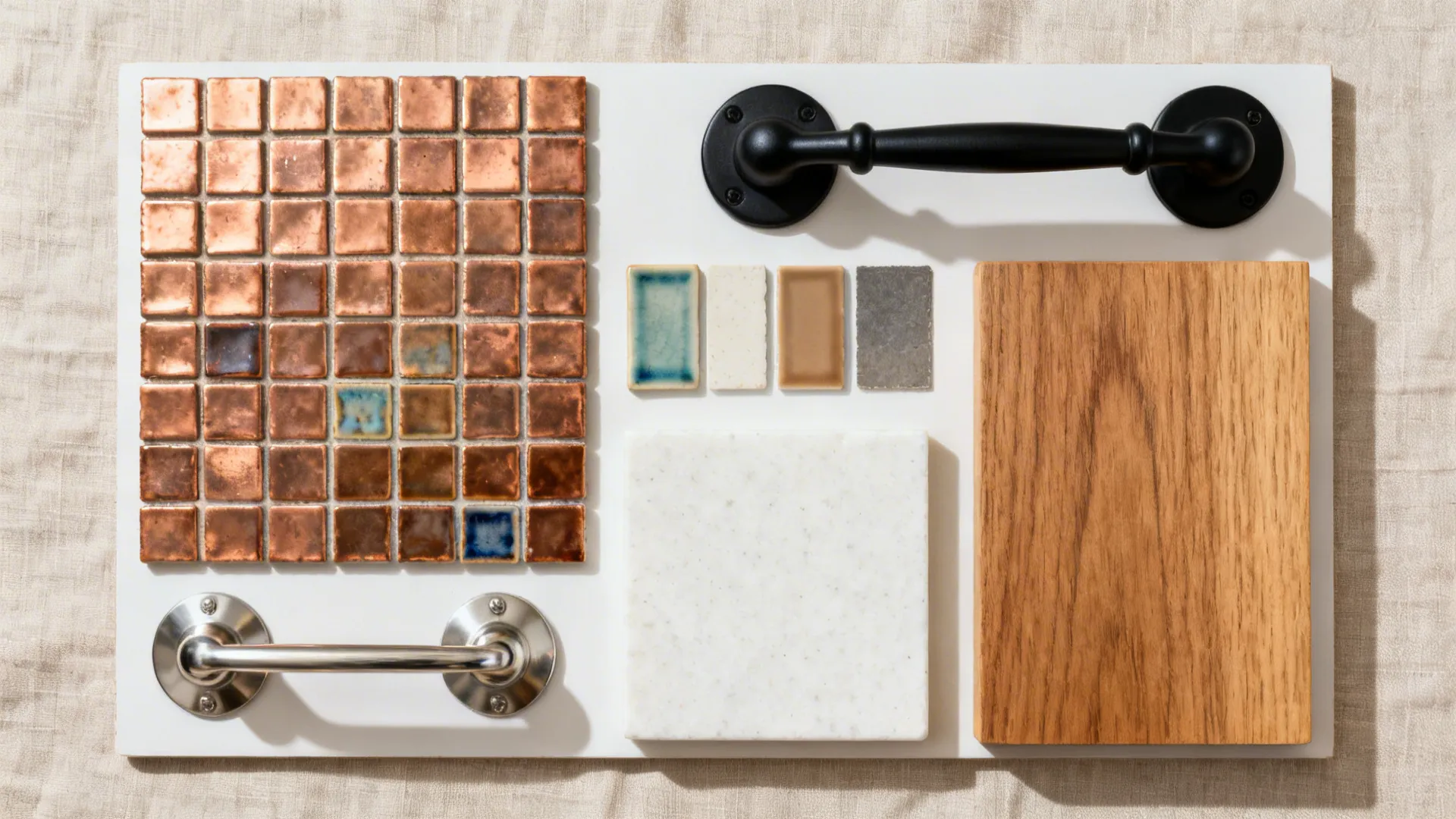 Top-down material board with copper mosaic, ceramic tiles, grout, and metal finishes.