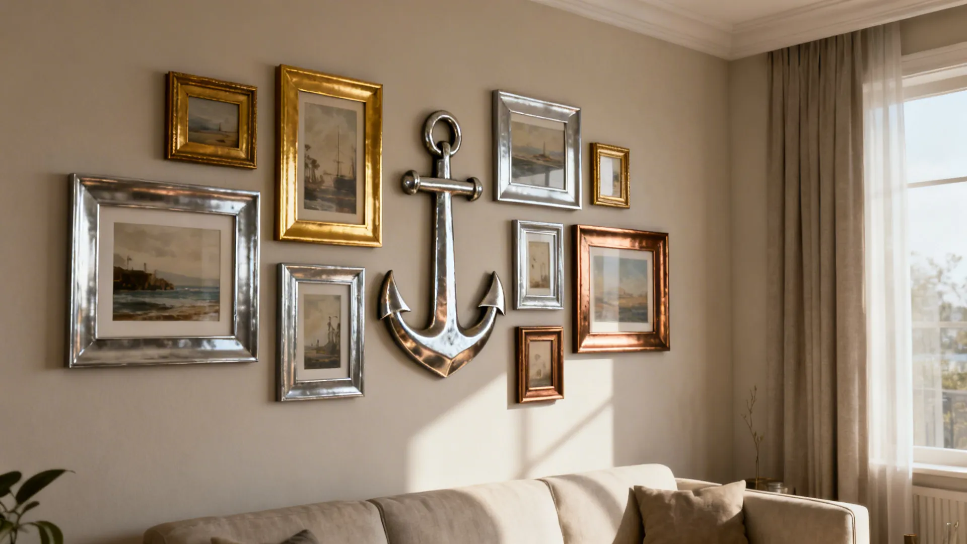 Gallery wall with gold and silver frames plus a large metal anchor above beige sofa
