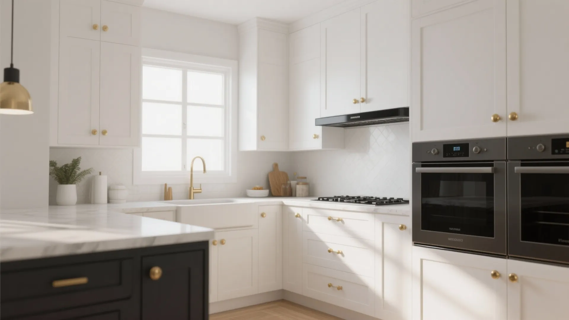 Kitchen with brass knobs and black pulls on white cabinets