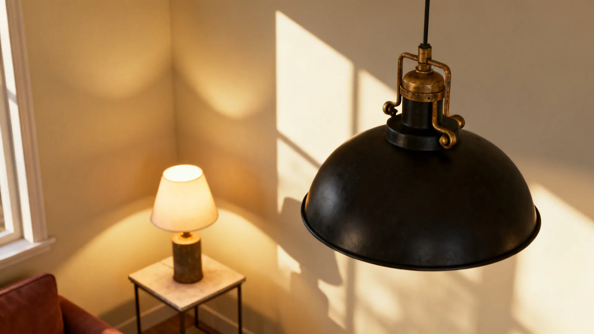 Matte black pendant with aged brass accents illuminating a cozy living room corner.